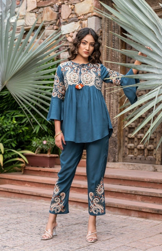 Embroidered Cotton Blend Kurta Pant Set with Bell Sleeves and Hem Work for Women