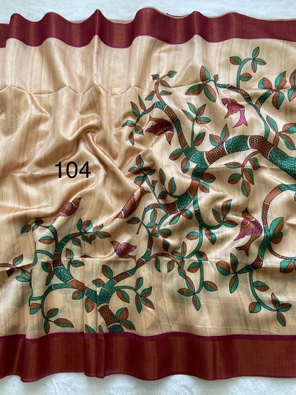 Soft Tussar Silk Printed Saree with Contrast Blouse, Tassels, and Designer Pallu