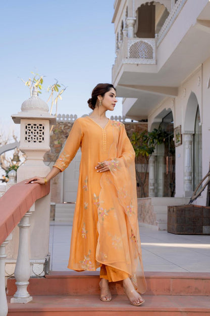 Mul Chanderi Kurta Pant Dupatta Set with Hand Embroidery and Work for Women