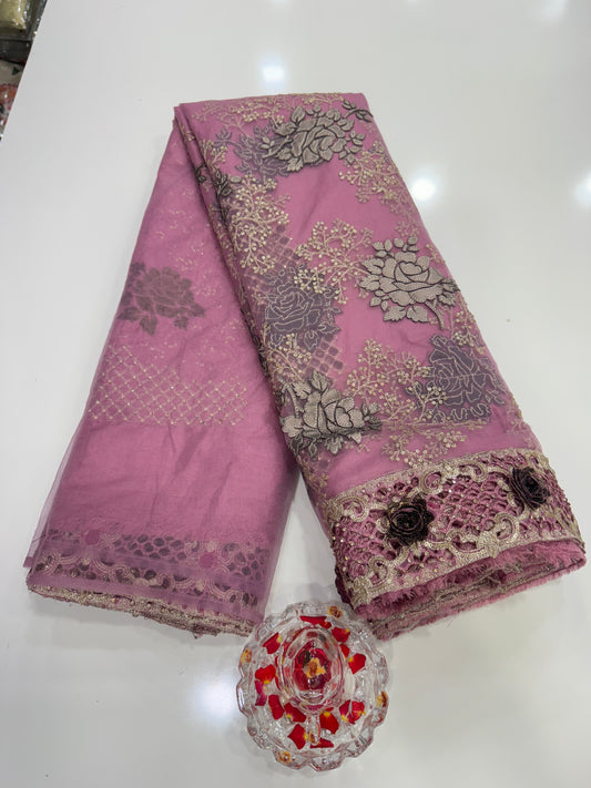 Lilac Sequin Embroidered Saree for Women – Fancy Designer Fabric with Floral Lace Border