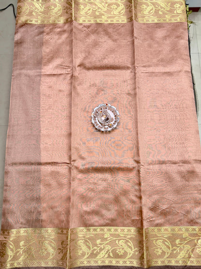 Semi Raw Silk Saree with Zari Hand Border, Heavy Jamdani Pallu and Contrast Blouse