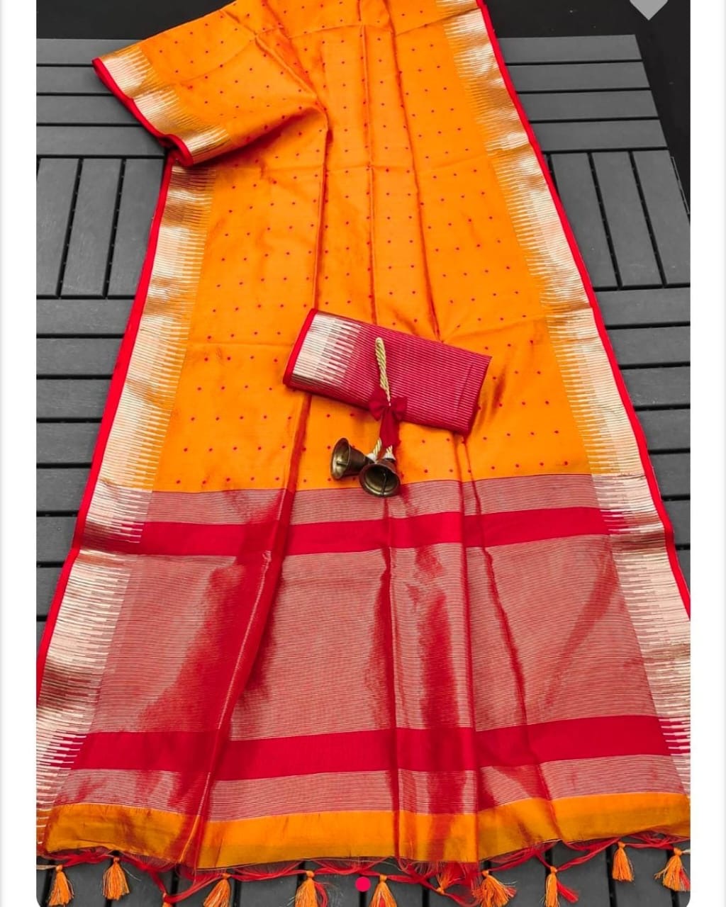 Semi Raw Silk Saree with Body Buti Design, Rich Woven Border and Contrast Blouse for Women