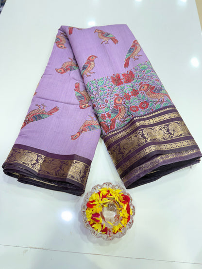 Venkatagiri style silk-blend printed saree with bird motifs and zari-style border, 6.3m women’s festive saree