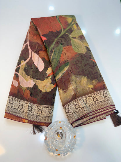 Tissue Zari Silk Saree with Digital Print and Woven Border – Premium Festive and Wedding Saree for Women