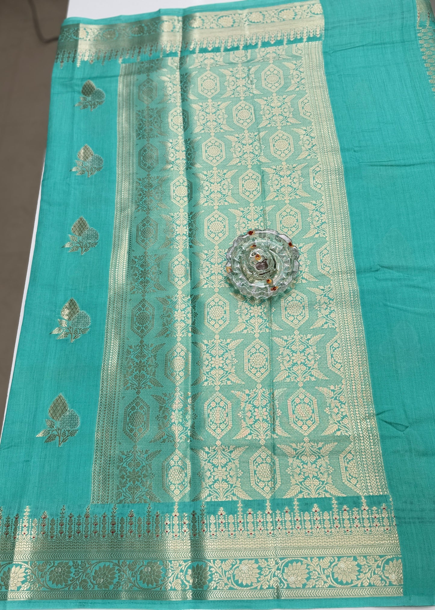 Handloom Chhiniya Silk Saree in Sea Green with Meenakari Zari Weaving and Buta Motifs for Women