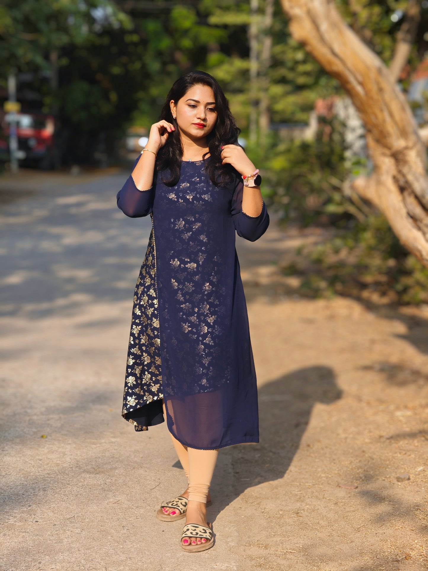 Navy Blue American Crepe Foil Printed A-Line Kurta for Women – M to 2XL