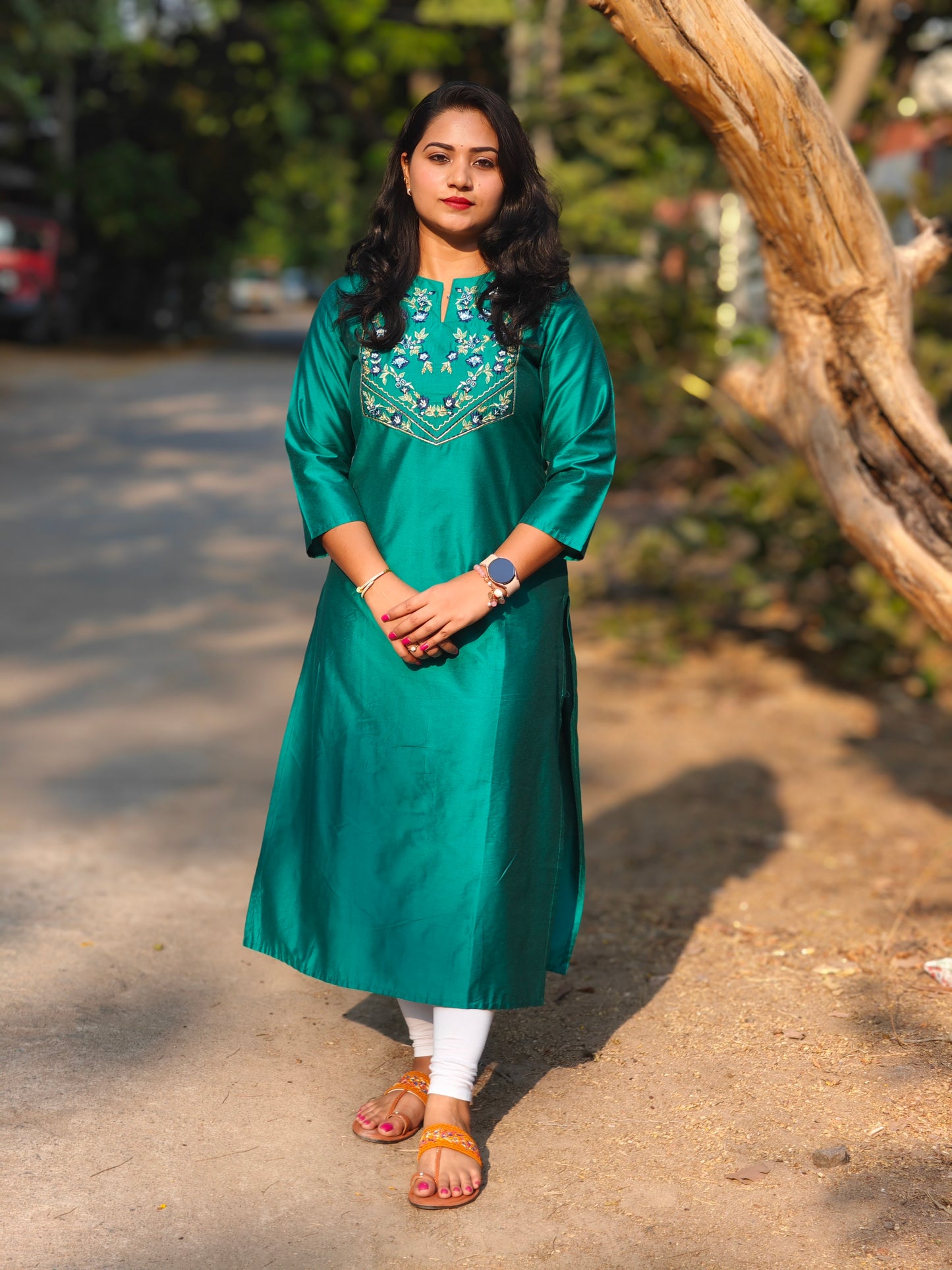 Peacock Green Poly Silk Straight Kurta for Women with Embroidered Yoke – M to 2XL