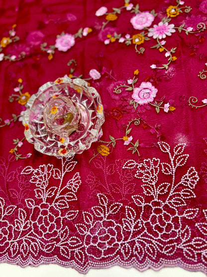 Kora Banarasi Saree with Floral Embroidery and Woven Border – Lightweight Festive Wear