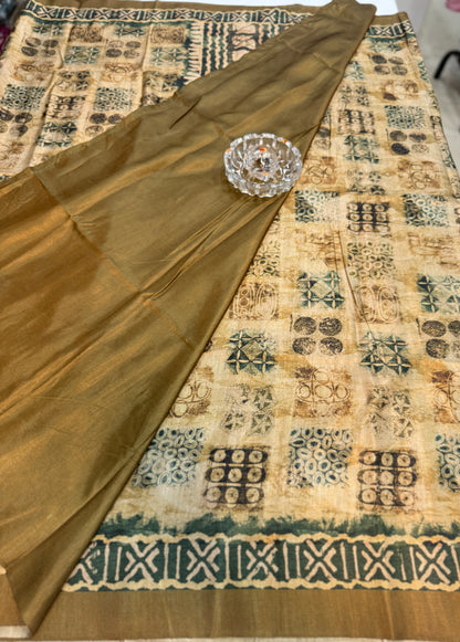 Semi Tussar Silk Saree with Ethnic Print Border and Tassel Pallu, Geometric Prints