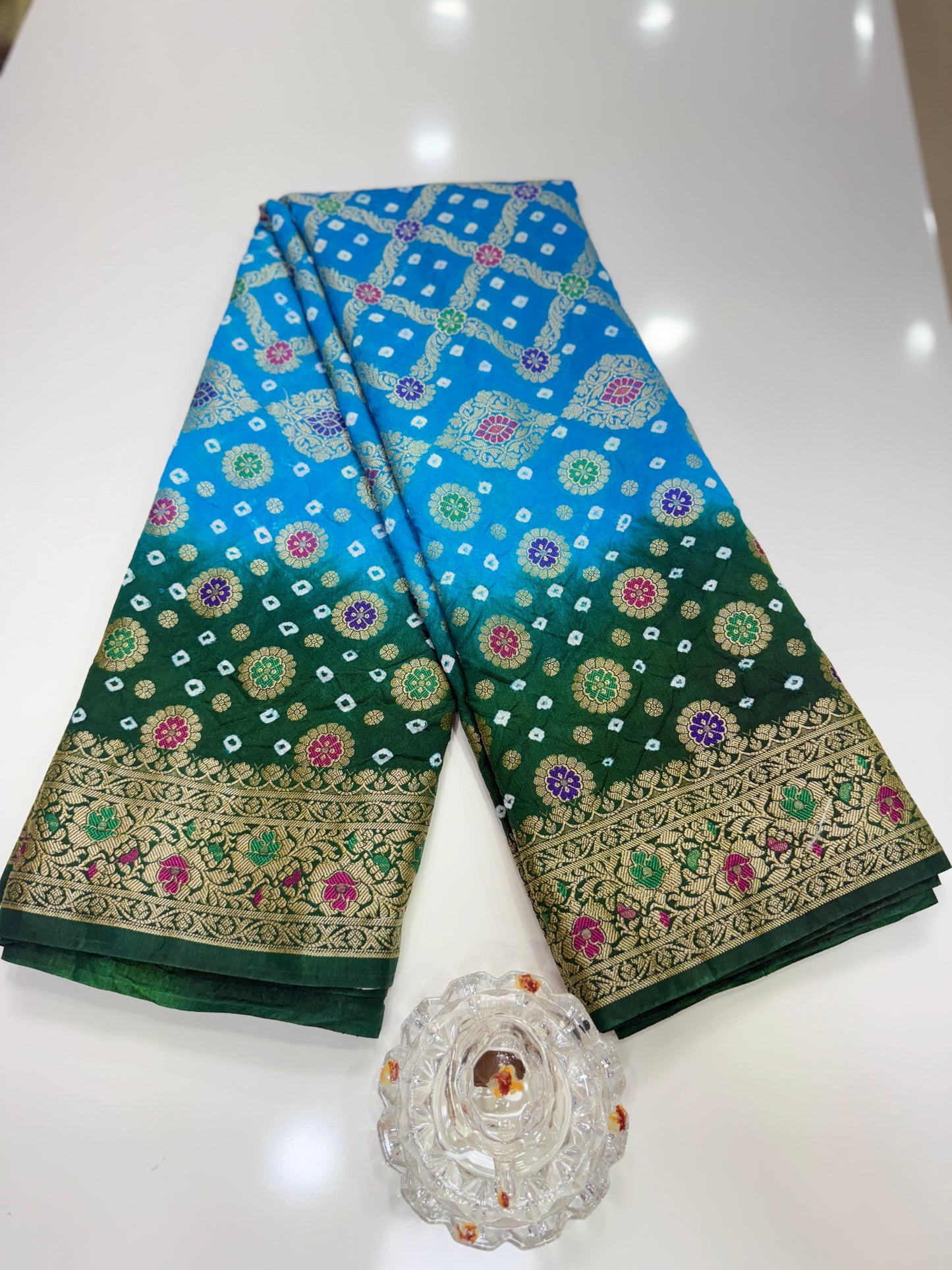 Banarasi dupiyan bandhani saree with semi-weaving neemjari work and hand chunri