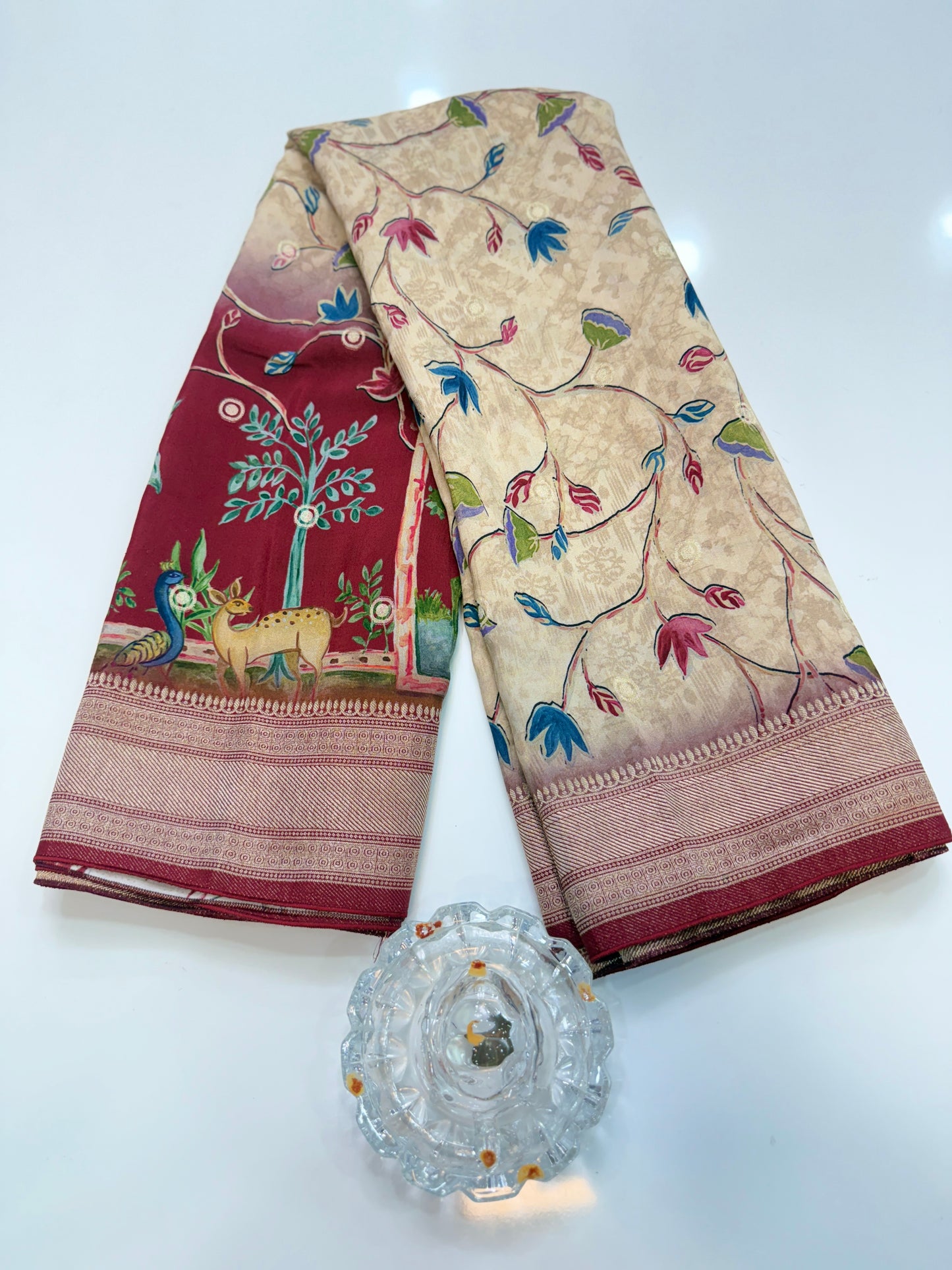 Pure Crepe Silk Saree with Digital Print and Zari Border – Elegant Festive and Wedding Saree for Women