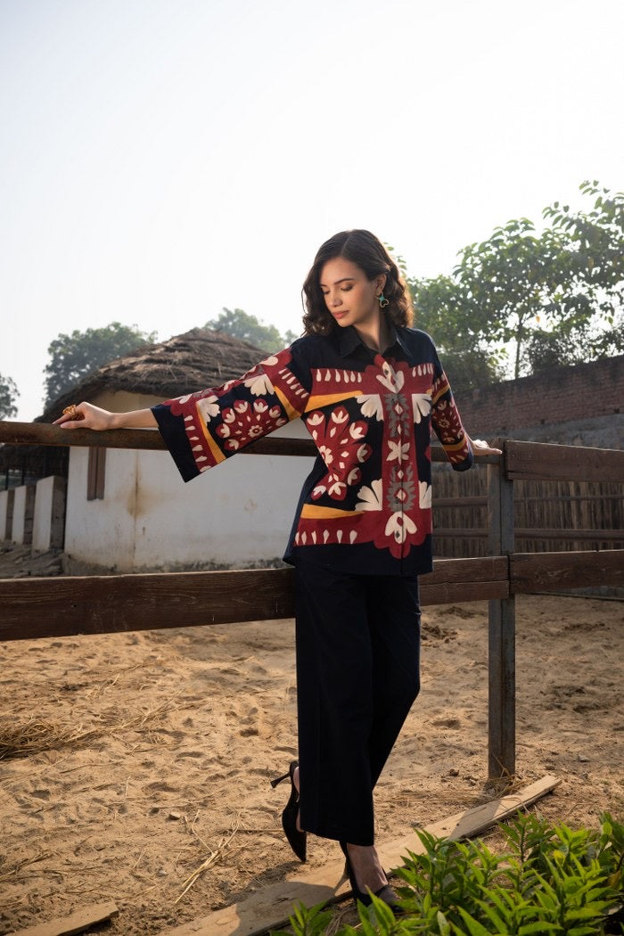 Cotton Poplin Oversized Co-Ord Set with Hand Brush Painted Design – Artistic Casual Wear for Women (Sizes 38 to 44)