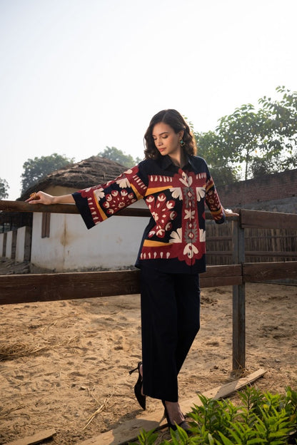 Cotton Poplin Oversized Co-Ord Set with Hand Brush Painted Design – Artistic Casual Wear for Women (Sizes 38 to 44)