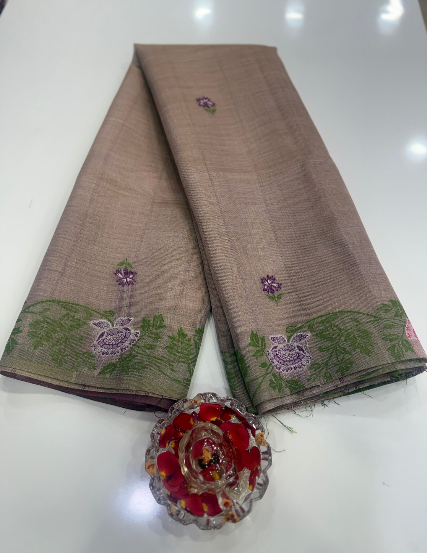 Tissue chanderi saree with floral border and tassel pallu, pastel printed saree for women