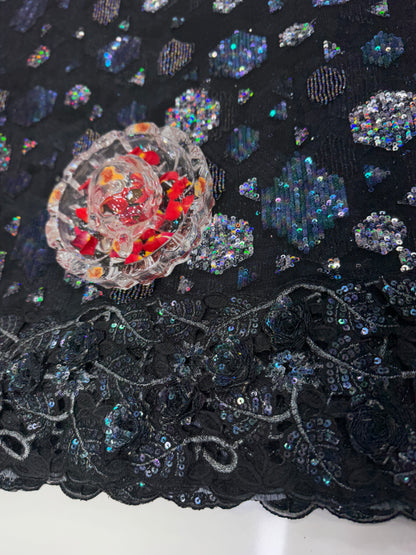 Black Sequin Embroidered Saree for Women – Fancy Designer Fabric with Floral Print Pallu and Lace Border