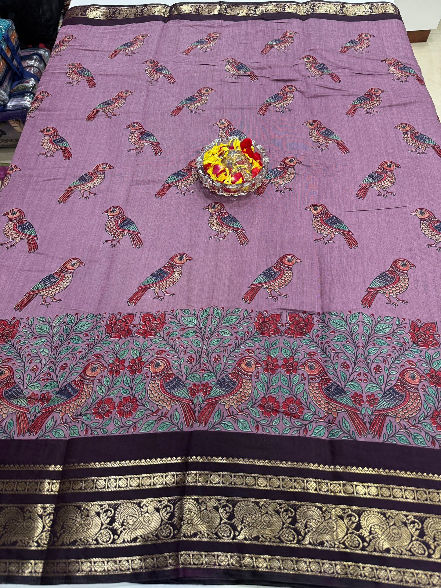 Venkatagiri style silk-blend printed saree with bird motifs and zari-style border, 6.3m women’s festive saree