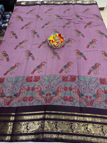 Venkatagiri style silk-blend printed saree with bird motifs and zari-style border, 6.3m women’s festive saree