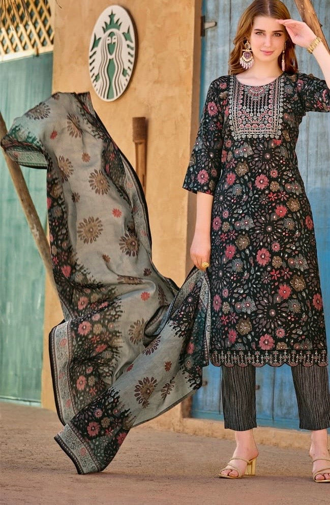 Women’s Plus Size Muslin Printed Kurta Pant Dupatta Set – 3XL, 6XL