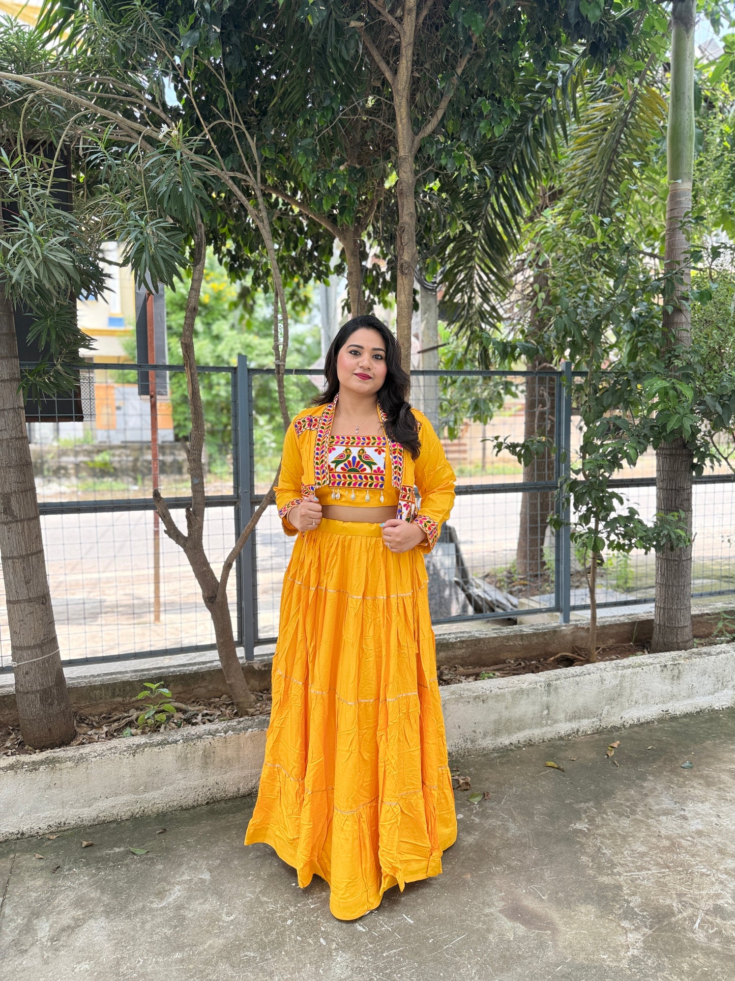 Rayon Lehenga Choli with Embroidered Gamthi Work Koti and Cowrie Lace – Navratri and Festive Wear