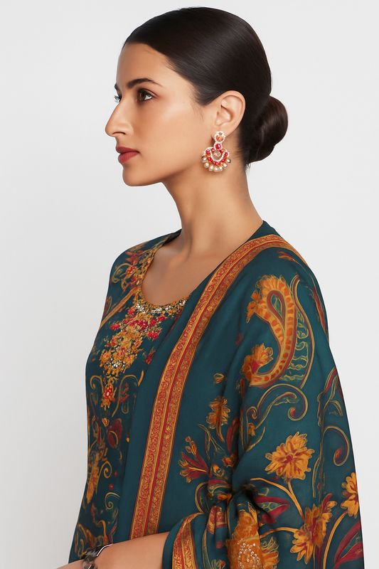 Natural Crepe Kurta Set with Mirror Handwork and Printed Viscose Dupatta – XL to 3XL Sizes