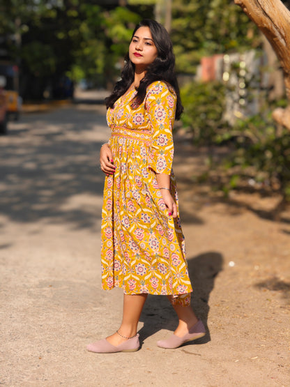 Yellow Cotton Floral Print Midi Dress for Women – Sizes M to XL