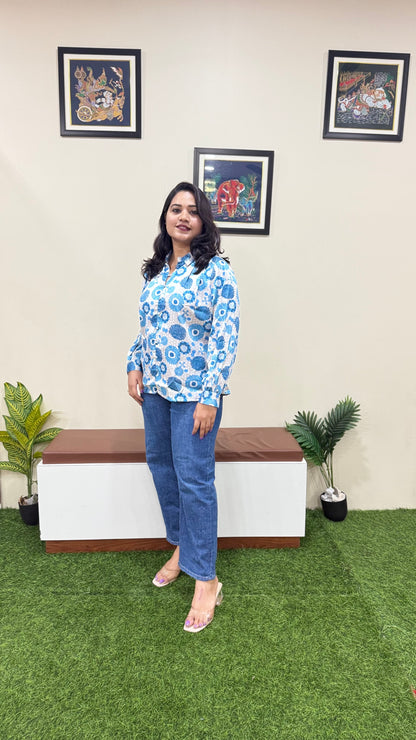 Satin Digital Floral Printed Shirt Style Top – Women’s Casual & Office Wear (L to 2XL)