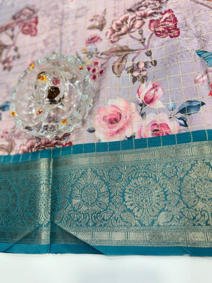 Printed handloom georgette saree for women with woven border and floral design