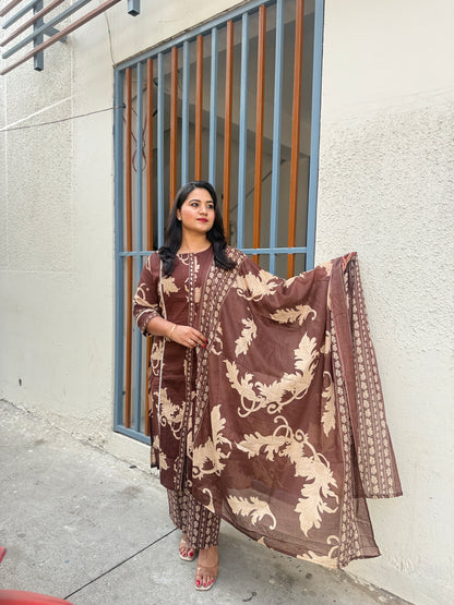 Women’s brown cotton 60x60 straight kurta palazzo set with printed dupatta, M–3XL