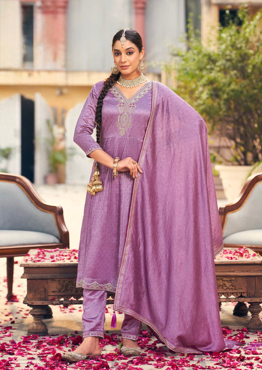 Silk Three-Piece Suit Set with Fancy Work and Ivory Print for Women – Sizes XL to 3XL