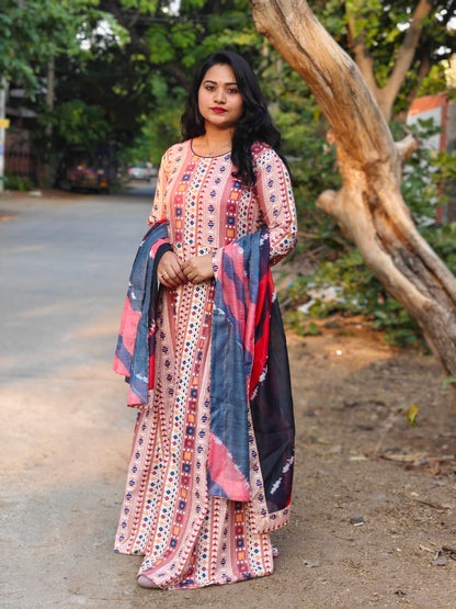 Poly Rayon Printed Gown with Gota Lace, Doori & Tassel – Chanderi Multicolour Dupatta – Sizes L to XXL