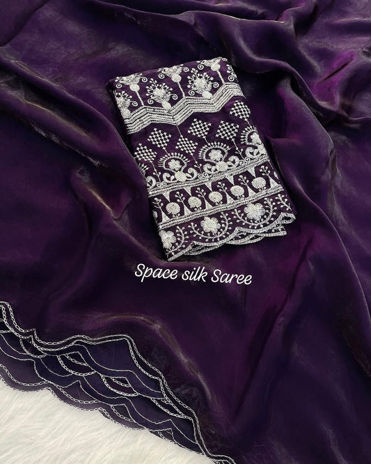 Space Silk Saree with Arco Cut Work and Embroidered Blouse – Elegant Party and Festive Wear Saree for Women