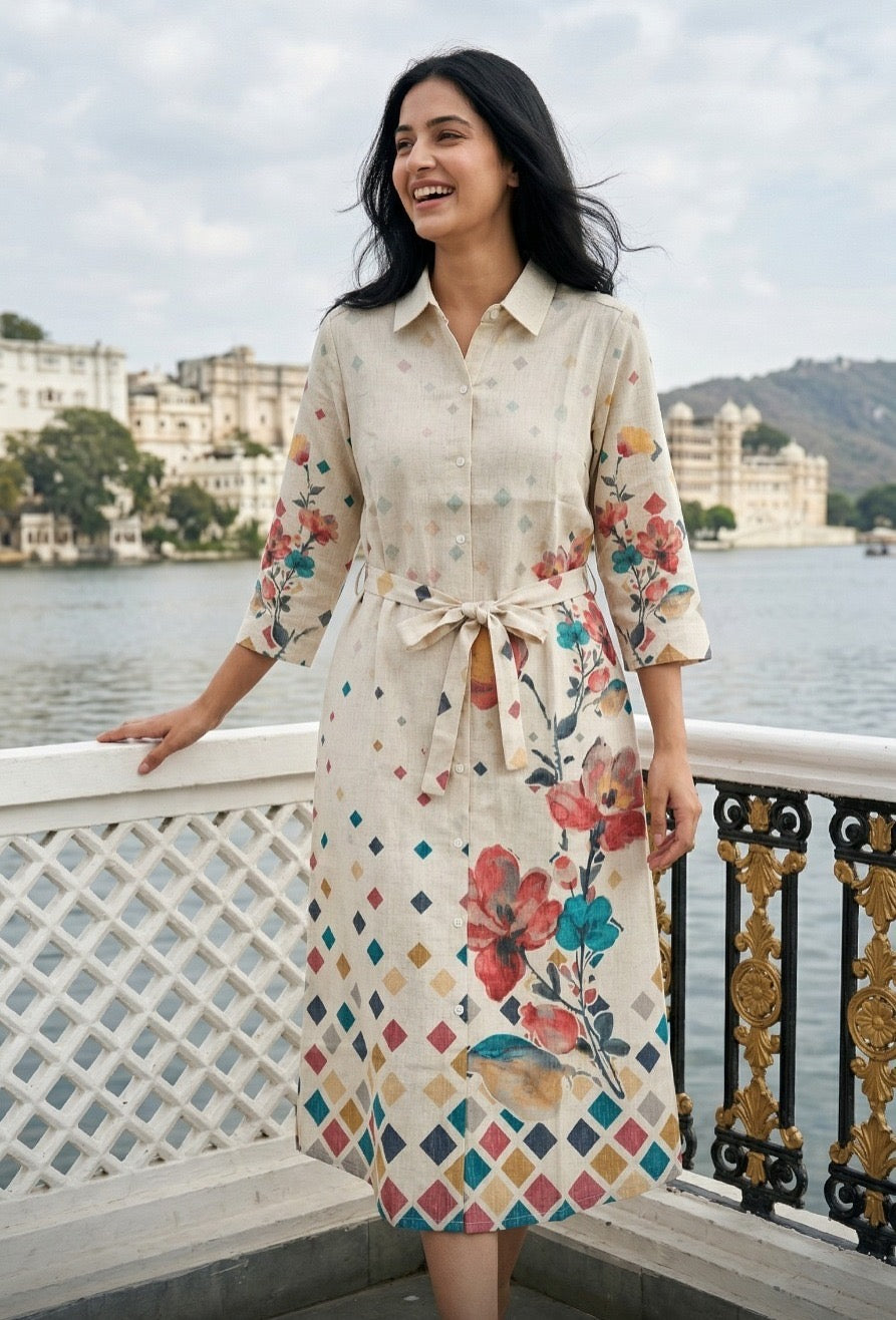 Poly Linen Printed Midi Dress for Women with Belt, Casual Day Dress
