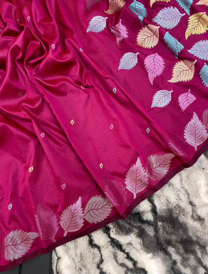 Pure Soft Silk Saree with Colorful Weaving and Leaf Panel Design