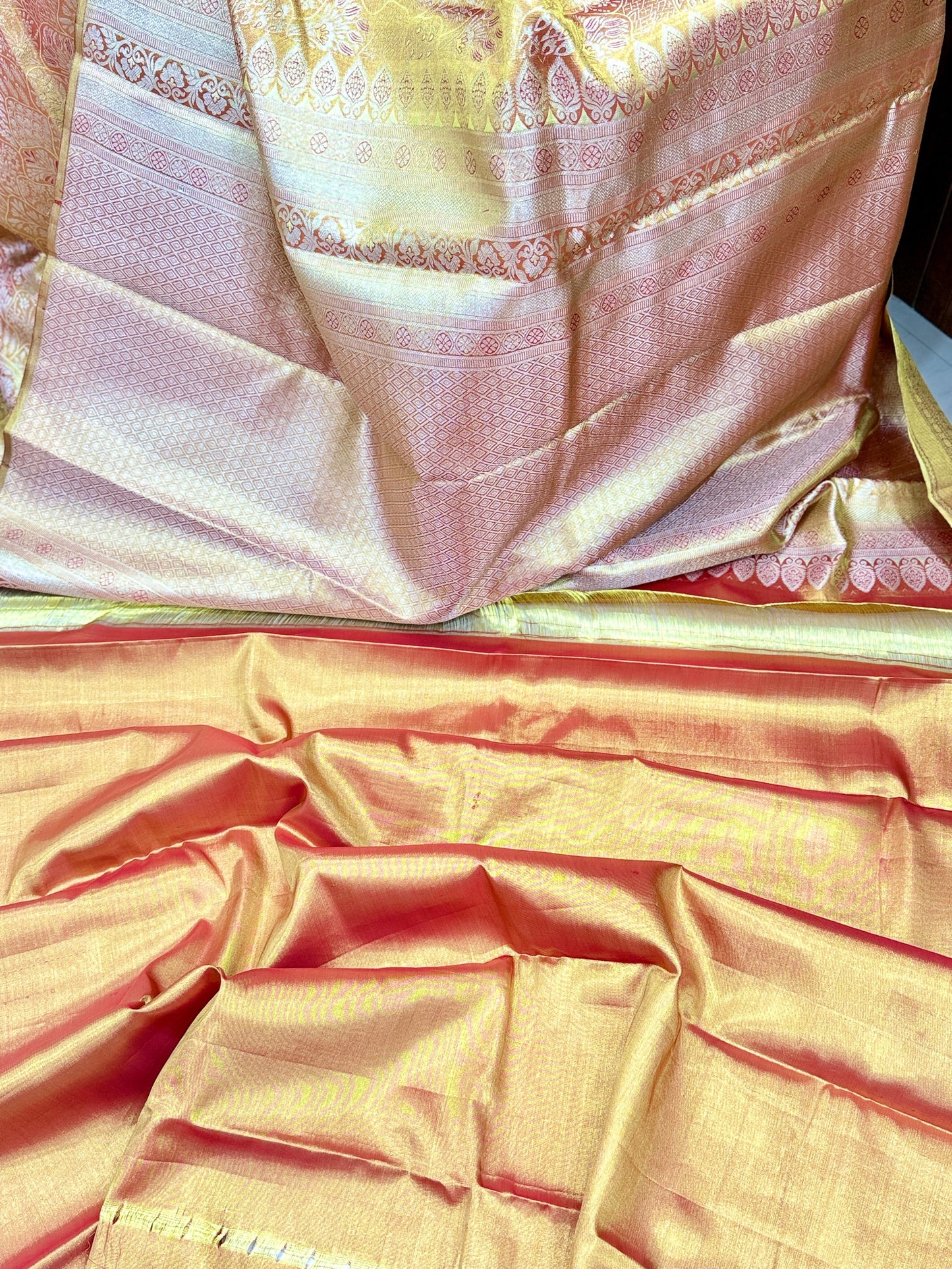 Pure Silk Borderless Saree in Mustard and Red with Rich Zari Weaving – Festive Handloom Silk