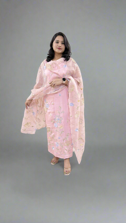 Unstitched Bamber Silk Suit with Resham Embroidery, 3D Patch Appliqué and Organza Dupatta