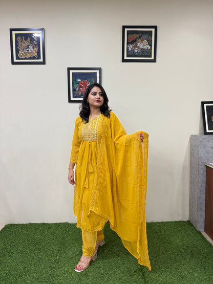 Women’s Georgette Embroidered Suit Set with Mirror Work Neck and Lace Border Pant – L to 3XL