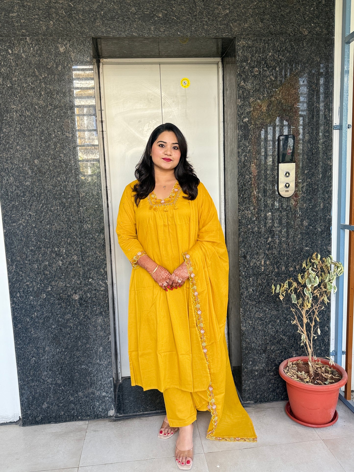 Women’s Mustard Salli Cotton Kurta Set with Embroidery and Dupatta – Sizes 38 to 46