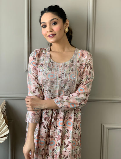 Pure Cotton Naira Cut Kurti Pant Set with Embroidery and Nazneen Dupatta for Women