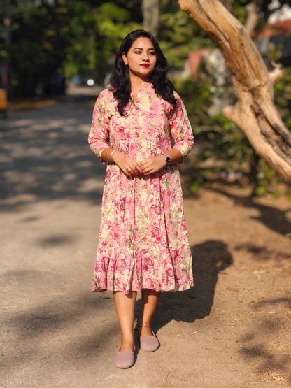 Pink Cotton Abstract Print Gathered Dress for Women – Sizes M to XL