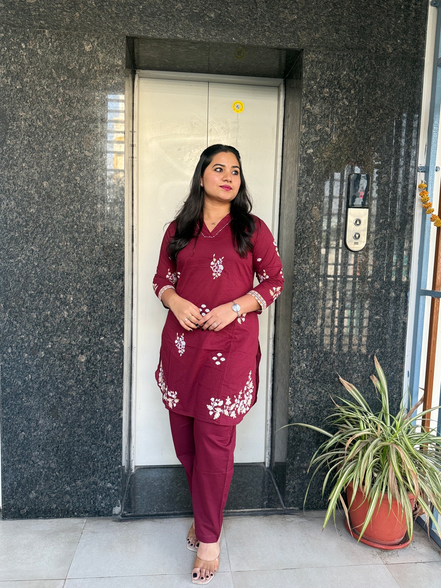 Cotton Co-ord Set for Women with Thread and Bead Embroidery – Shirt and Pant Set