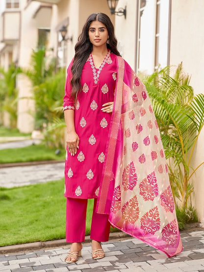 Women’s Roman Silk Straight Suit Set with Digital Print Dupatta – 3-Piece XL to 2XL