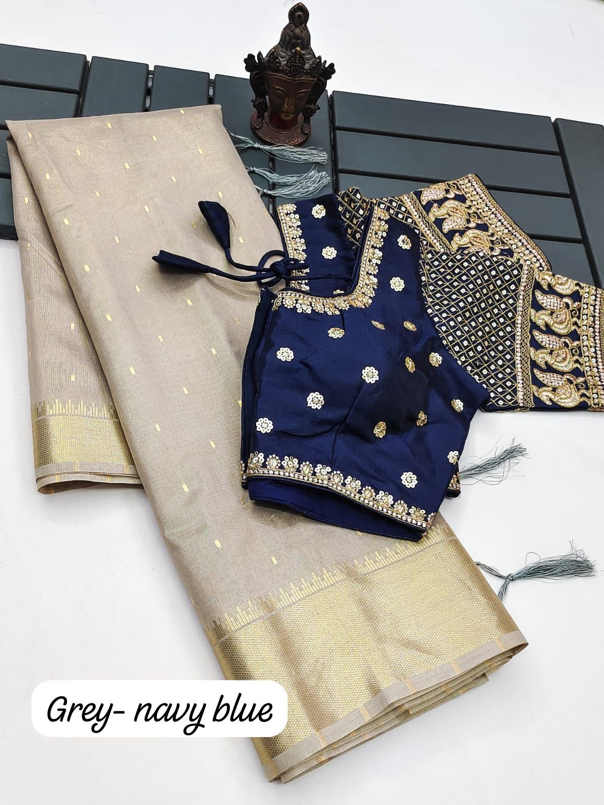 Soft Tissue Silk Saree with Small Butti Design, Embroidered Blouse up to Size 42 or Plain Silk Blouse