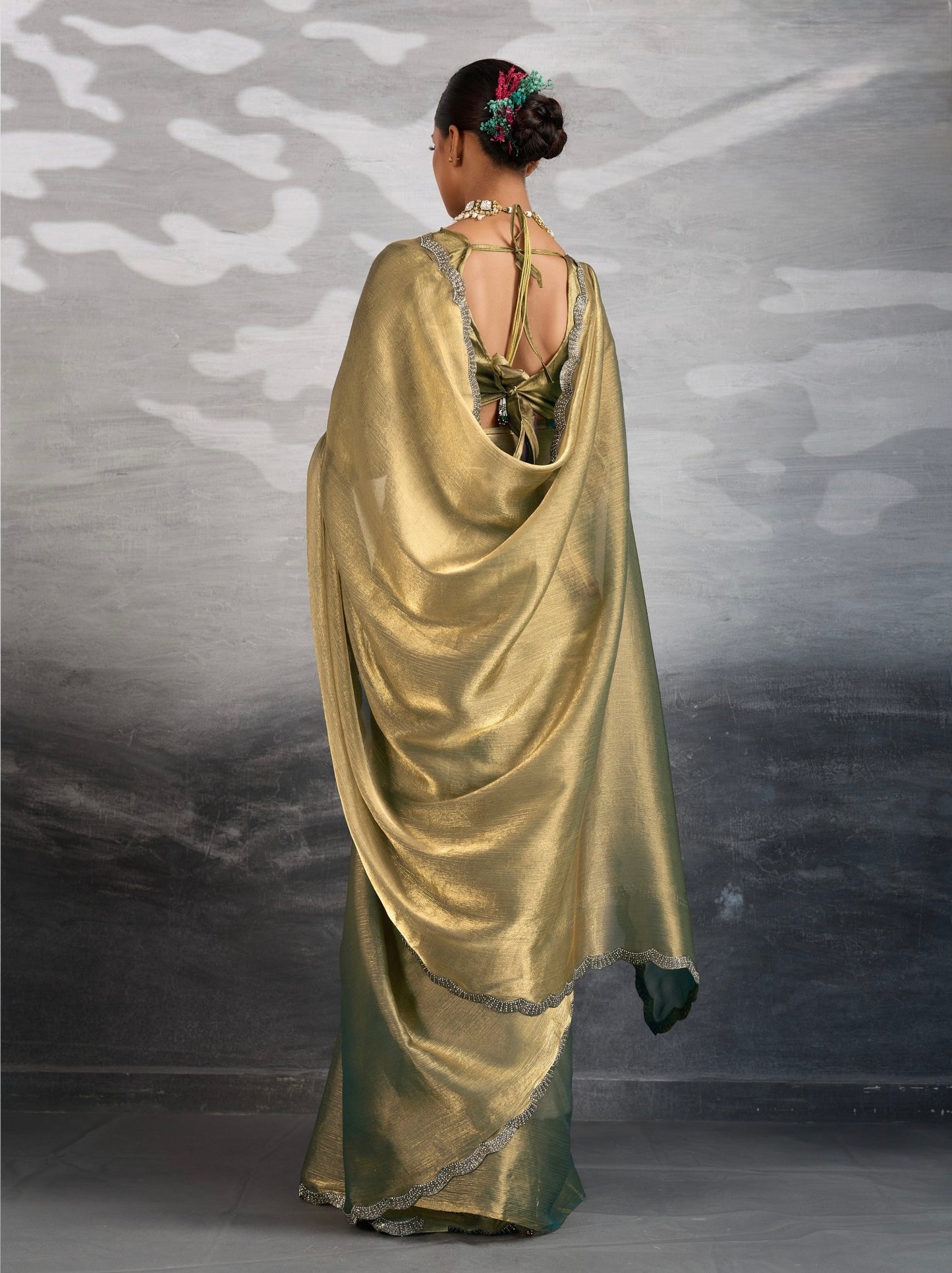 Burberry Chiffon Saree with Zarkan and Cutdana Appliqué Lace Work – Designer Party Wear Saree for Women