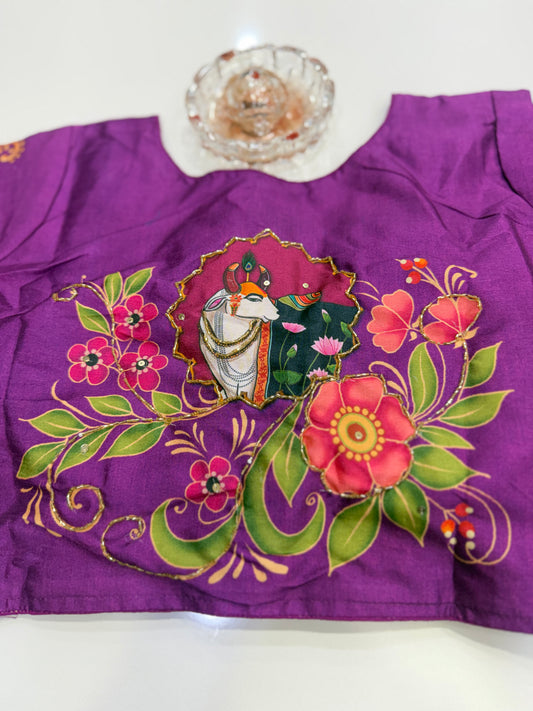 Silk printed readymade blouse for women with antique handcrafted work, size 38–42, short sleeve, saree blouse