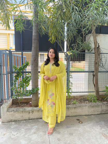 Glass organza and cotton schiffli kurta set with moti, sequence and cutdana work, cotton pant and chiffon dupatta – sizes 38–44