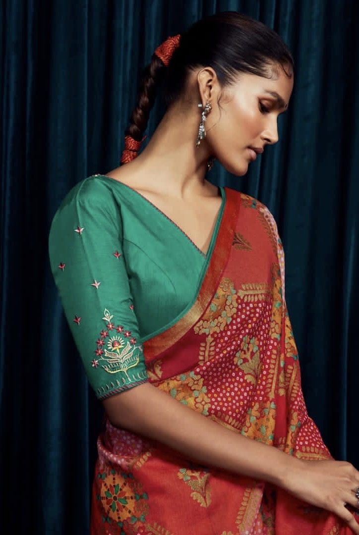 Soft Brasso Printed Saree with Fancy Border, Tassel Pallu and Work Blouse for Women – Party and Festival Wear