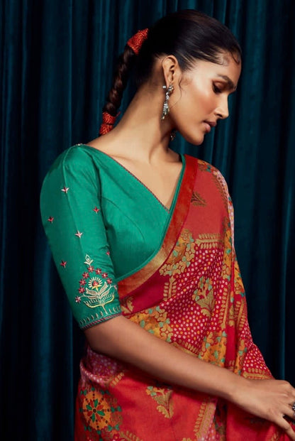 Soft Brasso Printed Saree with Fancy Border, Tassel Pallu and Work Blouse for Women – Party and Festival Wear