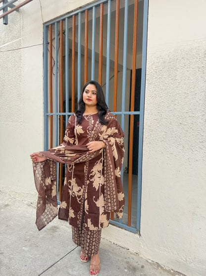 Women’s brown cotton 60x60 straight kurta palazzo set with printed dupatta, M–3XL