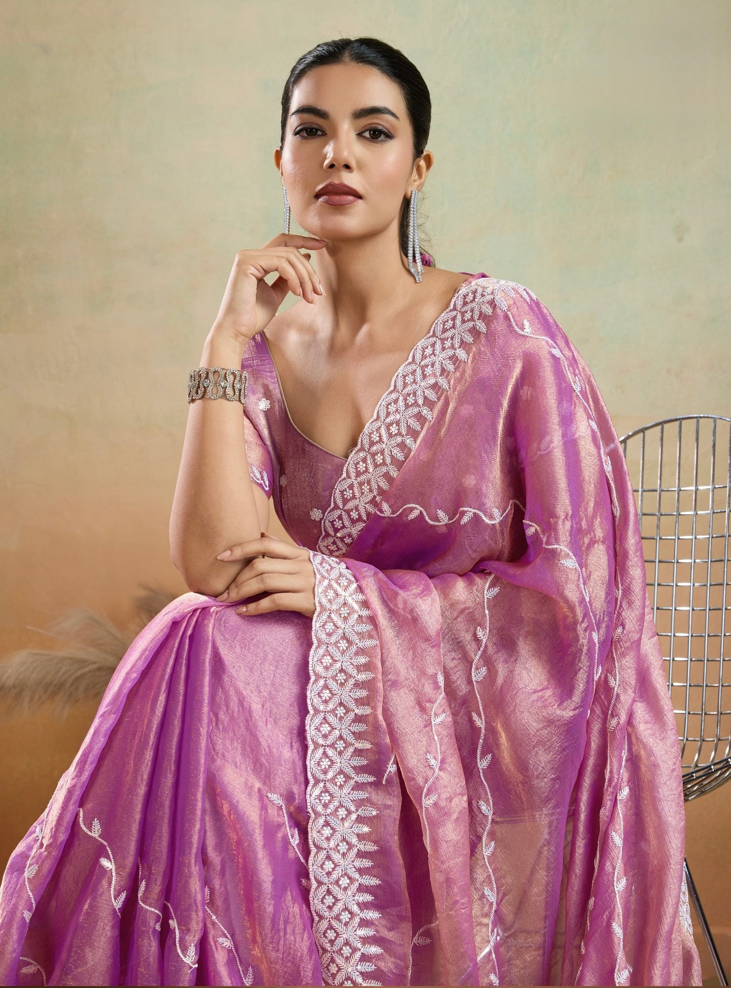 Velvet Chiffon Saree with Sequins Embroidery and Leheriya Flow for Women
