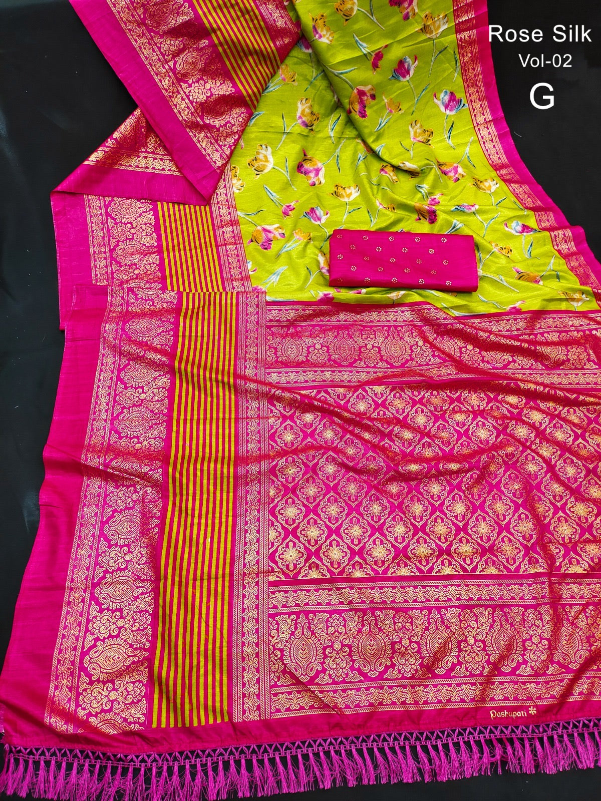 Dola Silk Saree with Kalamkari Patola Digital Print and Gold Zari Foil Border